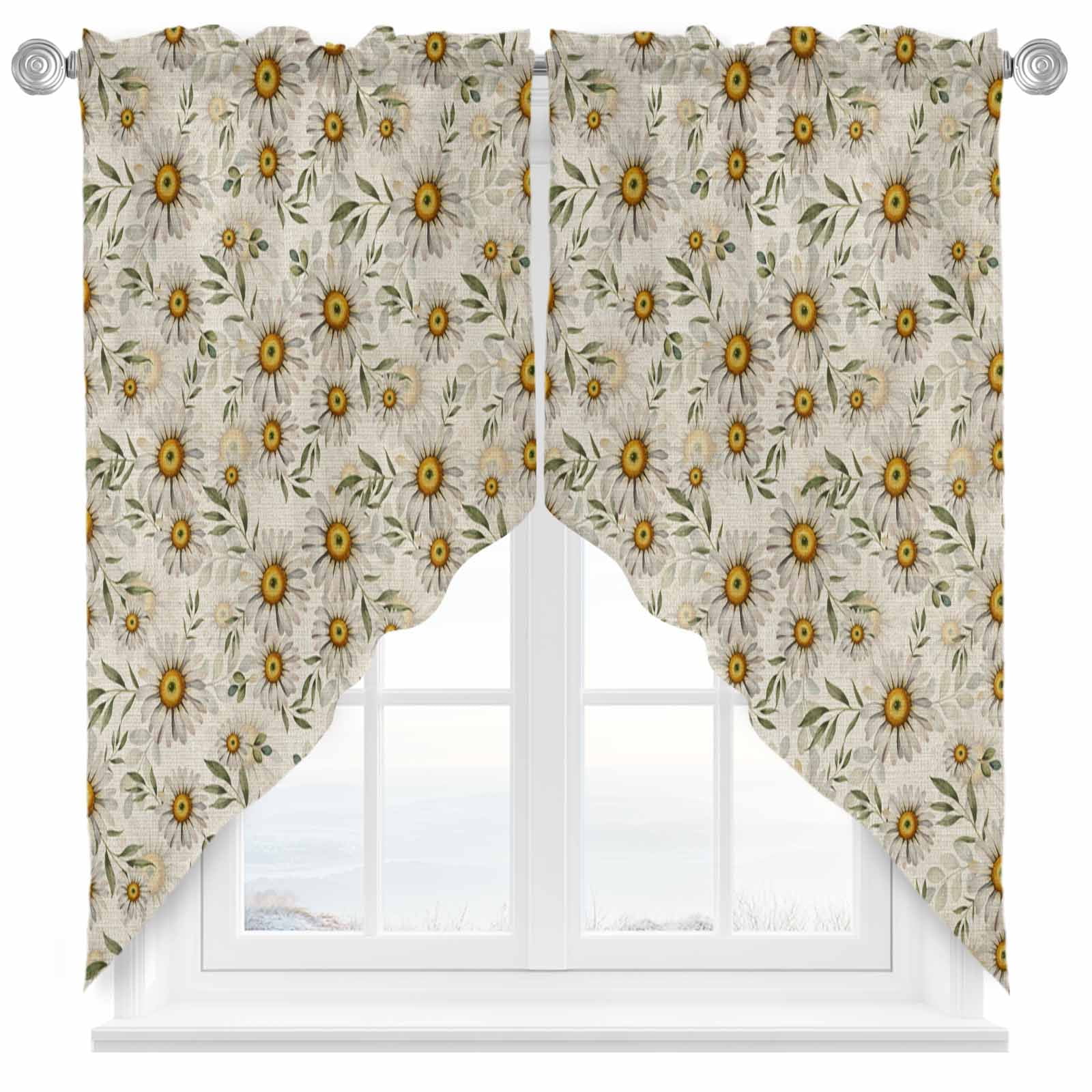 Swag Curtain Valances Daisy Flower Swag Valances for Kitchen Windows Green Leaves Linen Short Topper Curtains Valance Tier Pair for Kitchen Bedroom Living Room Bathroom 28"x36"