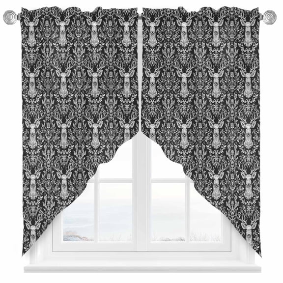 Swag Curtain Valances Deer Head Swag Valances for Kitchen Windows Branches Leaves Black Short Topper Curtains Valance Tier Pair for Kitchen Bedroom Living Room Bathroom 28"x36"