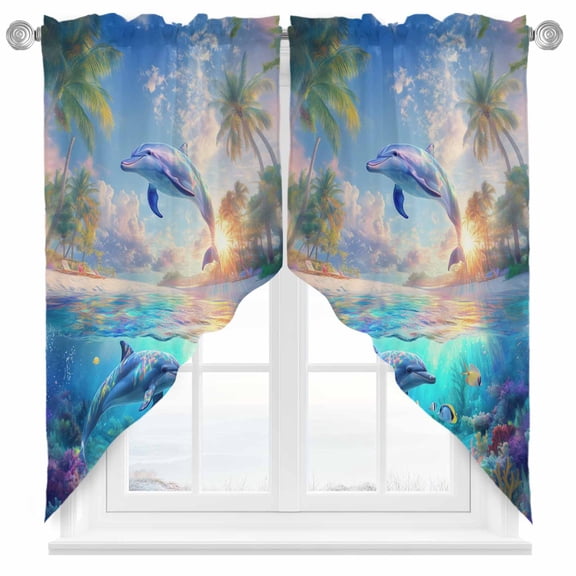 Swag Curtain Valances Dolphin Swag Valances for Kitchen Windows Ocean Animal Tropical Coconut Short Topper Curtains Valance Tier Pair for Kitchen Bedroom Living Room Bathroom 28"x36"