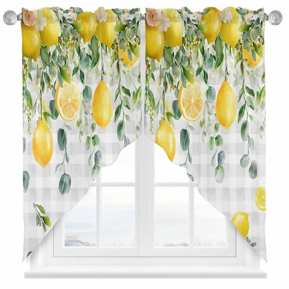 Swag Curtain Valances Floral Lemon Swag Valances for Kitchen Windows Fruit Eucalyptus Leaf Branch Grey Plaid Short Topper Curtains Valance Tier Pair for Kitchen Bedroom Living Room Bathroom 28"x36"