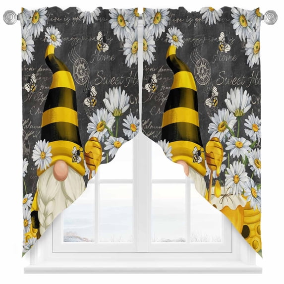 Swag Curtain Valances Gnome Honey Bee Swag Valances for Kitchen Windows Daisy Flower Vintage Black Short Topper Curtains Valance Tier Pair for Kitchen Bedroom Living Room Bathroom 28"x36"
