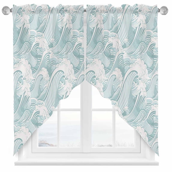 Swag Curtain Valances Green Waves Swag Valances for Kitchen Windows Ocean Lines Stripes Short Topper Curtains Valance Tier Pair for Kitchen Bedroom Living Room Bathroom 28"x36"