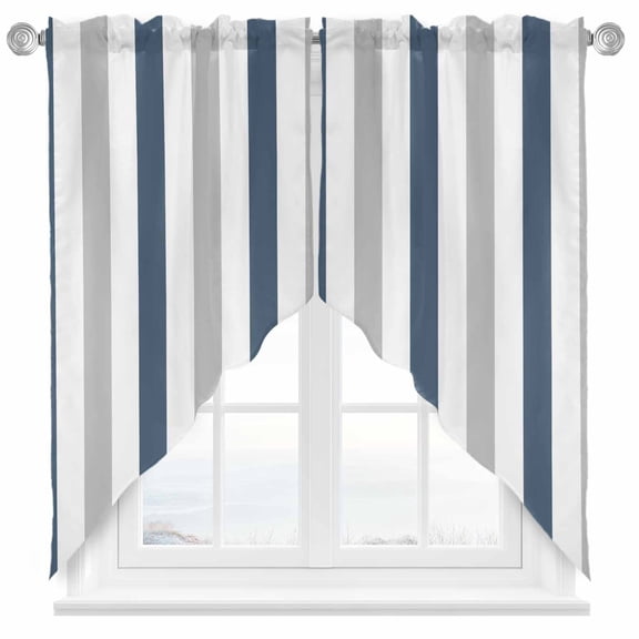 Swag Curtain Valances Haze Blue Grey Stripes Swag Valances for Kitchen Windows Contrast Striped Short Topper Curtains Valance Tier Pair for Kitchen Bedroom Living Room Bathroom 28"x36"