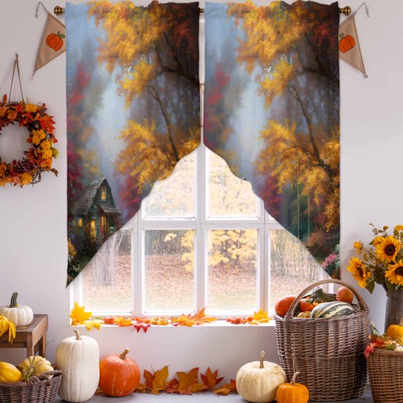 Swag Curtain Valances for Kitchen Windows,Pastoral Autumn Forest Cabin Short Rod Pocket Window Valance,Fall Maple Leaf Swing Swag Topper for Bedroom Living Room,2 Panels 28x36in