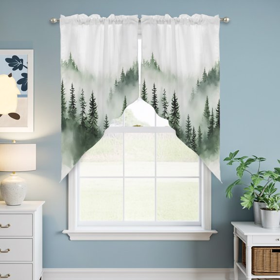 Swag Curtain Valances for Kitchen Windows,Retro Mountains Tree Short Rod Pocket Window Valance,Watercolor Nature Landscape Swag Topper for Bedroom Living Room,2 Panels 28x36in