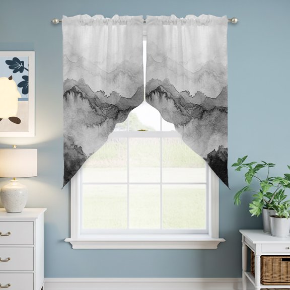 Swag Curtain Valances for Kitchen Windows,Watercolor Retro Grey Peak Short Rod Pocket Window Valance,Classic Mountain Art Swag Topper for Bedroom Living Room,2 Panels 28x36in