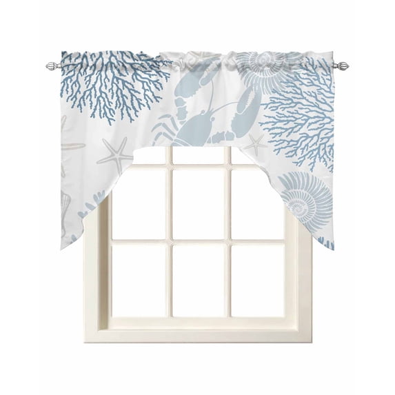 Swag Curtain Valances Lobster Swag Valances for Kitchen Windows Teal Blue Coral Starfish Shell Window Treatment Curtains Drapes for Kitchen Bedroom Living Room Bathroom Over Sink 56"x36"