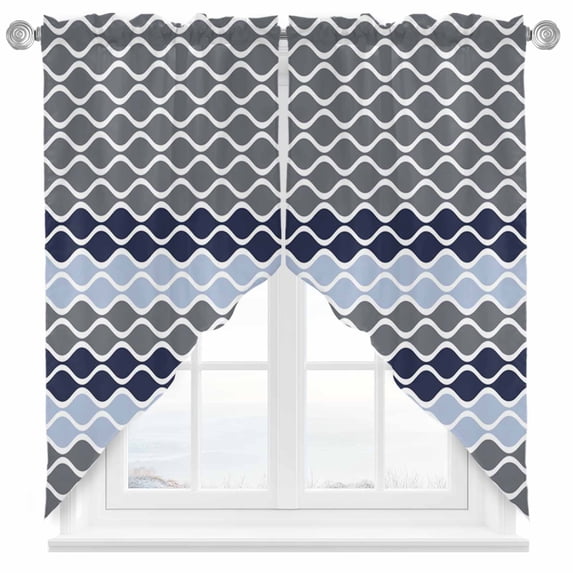 Swag Curtain Valances Moroccan Ombre Navy Blue Swag Valances for Kitchen Windows Abstract Wave Lines Short Topper Curtains Valance Tier Pair for Kitchen Bedroom Living Room Bathroom 28"x36"
