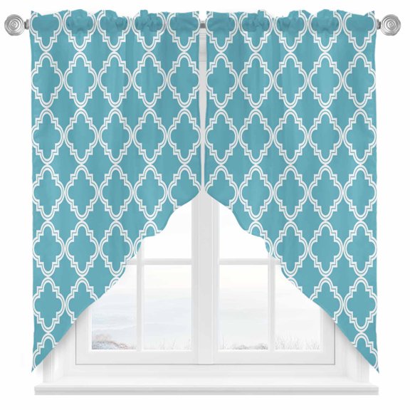 Swag Curtain Valances Moroccan Pattern Swag Valances for Kitchen Windows Blue Geometric Trellis Short Topper Curtains Valance Tier Pair for Kitchen Bedroom Living Room Bathroom 28"x36"