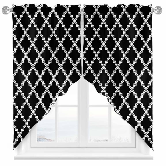 Swag Curtain Valances Moroccan Pattern Swag Valances for Kitchen Windows Geometric Trellis Black Short Topper Curtains Valance Tier Pair for Kitchen Bedroom Living Room Bathroom 28"x36"