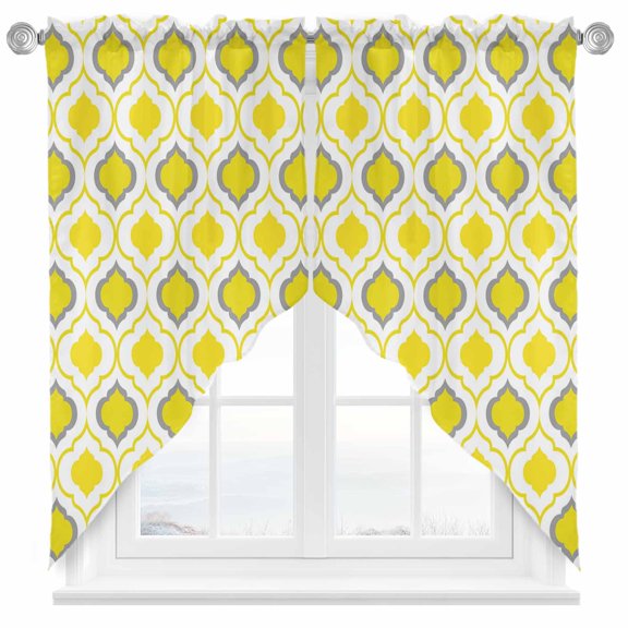 Swag Curtain Valances Moroccan Pattern Swag Valances for Kitchen Windows Geometric Trellis Yellow Grey Short Topper Curtains Valance Tier Pair for Kitchen Bedroom Living Room Bathroom 28"x36"