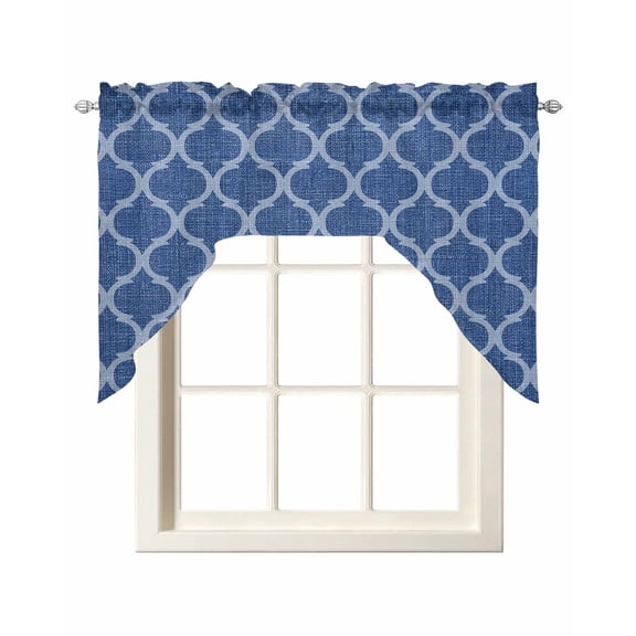 Swag Curtain Valances Moroccan Texture Swag Valances for Kitchen Windows Retro Dark Blue Linen Window Treatment Curtains Drapes for Kitchen Bedroom Living Room Bathroom Over Sink 56"x36"