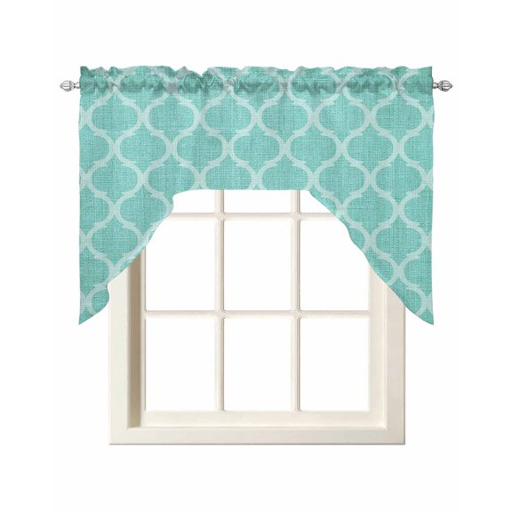 Swag Curtain Valances Moroccan Texture Swag Valances for Kitchen Windows Retro Turquoise Linen Window Treatment Curtains Drapes for Kitchen Bedroom Living Room Bathroom Over Sink 56"x36"