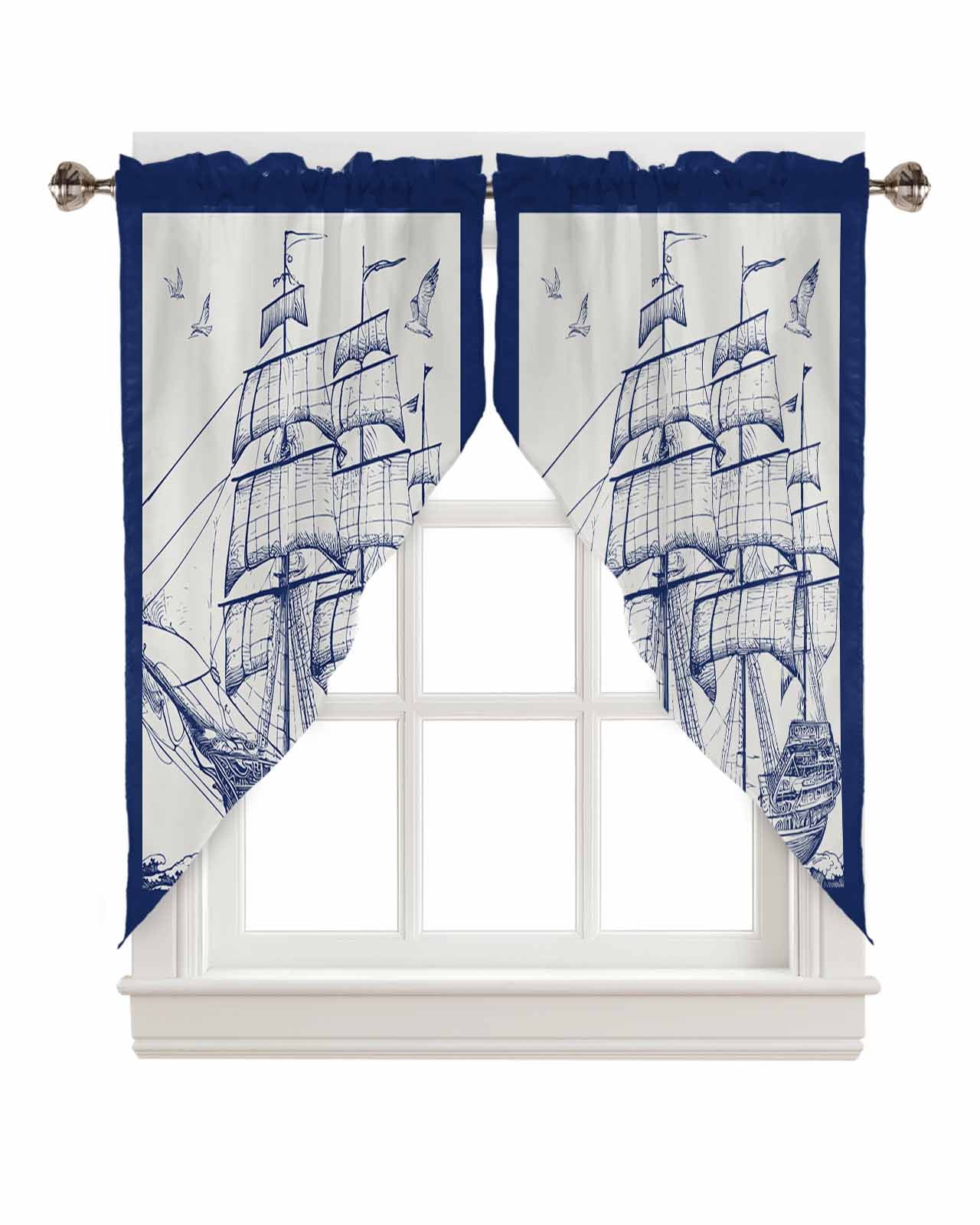 Swag Curtain Valances Nautical Blue Retro Ocean Sailboat Seagull Rod
