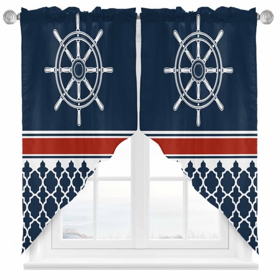 Swag Curtain Valances Navigation Swag Valances for Kitchen Windows Red Navy Blue Geometric Stripes Short Topper Curtains Valance Tier Pair for Kitchen Bedroom Living Room Bathroom 28"x36"