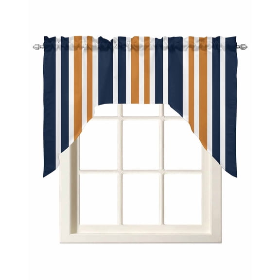 Swag Curtain Valances Orange Striped Swag Valances for Kitchen Windows Navy Blue Vertical Stripes Window Treatment Curtains Drapes for Kitchen Bedroom Living Room Bathroom Over Sink 56"x36"