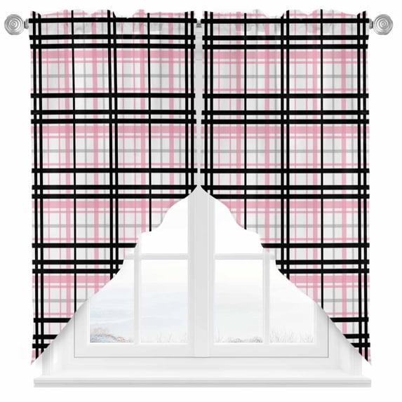 Swag Curtain Valances Pink Buffalo Plaid Swag Valances for Kitchen Windows Black Check Stripe Short Topper Curtains Valance Tier Pair for Kitchen Bedroom Living Room Bathroom 28"x36"