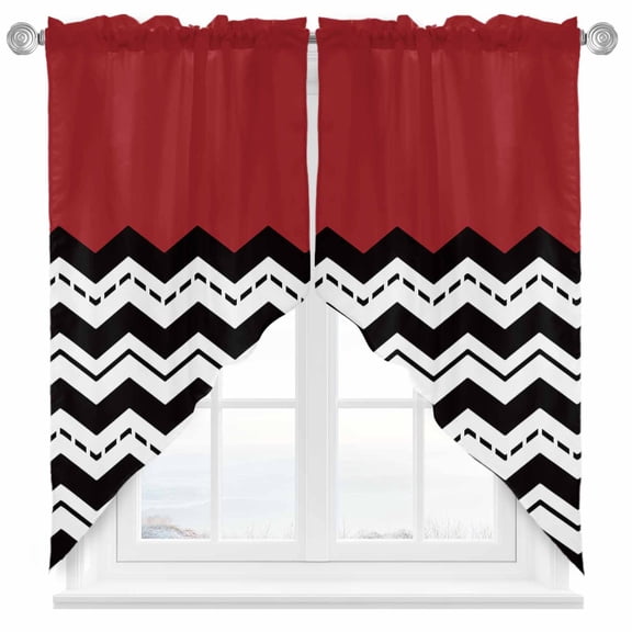 Swag Curtain Valances Red Black Waves Swag Valances for Kitchen Windows Chevron Stripe Short Topper Curtains Valance Tier Pair for Kitchen Bedroom Living Room Bathroom 28"x36"
