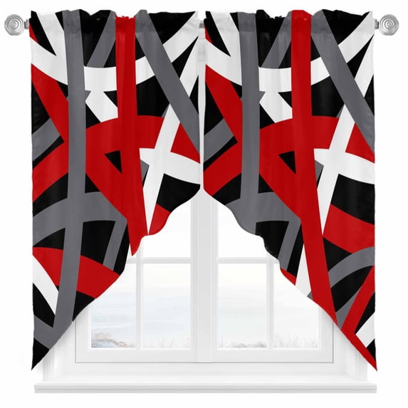 Swag Curtain Valances Red Stripes Swag Valances for Kitchen Windows Black Grey Lines Art Short Topper Curtains Valance Tier Pair for Kitchen Bedroom Living Room Bathroom 28"x36"