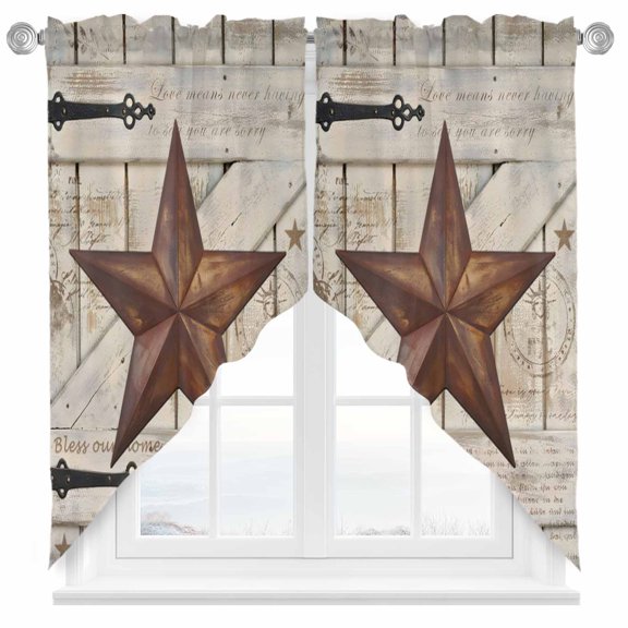 Swag Curtain Valances Rusty Barn Star Doors Swag Valances for Kitchen Windows Brown Retro Rustic Walls Short Topper Curtains Valance Tier Pair for Kitchen Bedroom Living Room Bathroom 28"x36"