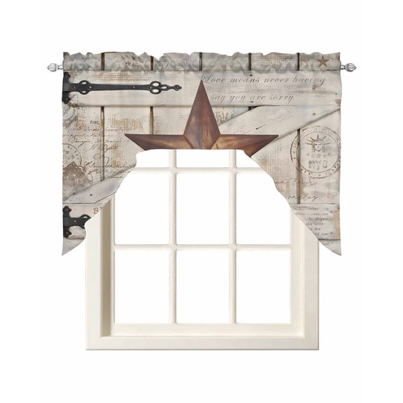 Swag Curtain Valances Rusty Barn Star Doors Swag Valances for Kitchen Windows Brown Retro Rustic Walls Window Treatment Curtains Drapes for Kitchen Bedroom Living Room Bathroom Over Sink 56"x36"