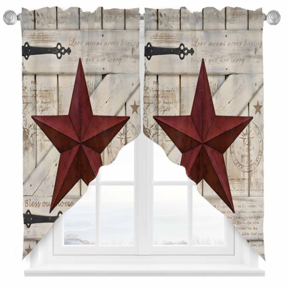 Swag Curtain Valances Rusty Barn Star Doors Swag Valances for Kitchen Windows Red Retro Rustic Walls Short Topper Curtains Valance Tier Pair for Kitchen Bedroom Living Room Bathroom 28"x36"