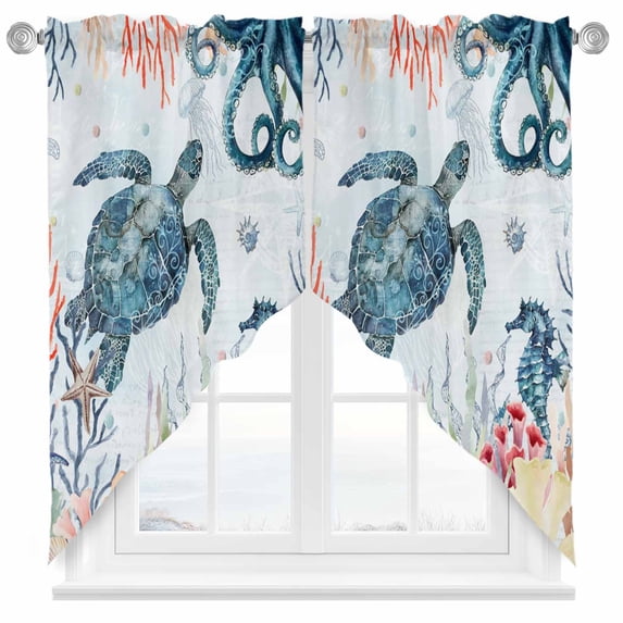 Swag Curtain Valances Sea Turtle Octopus Swag Valances for Kitchen Windows Ocean Starfish Coral Seaweed Short Topper Curtains Valance Tier Pair for Kitchen Bedroom Living Room Bathroom 28"x36"