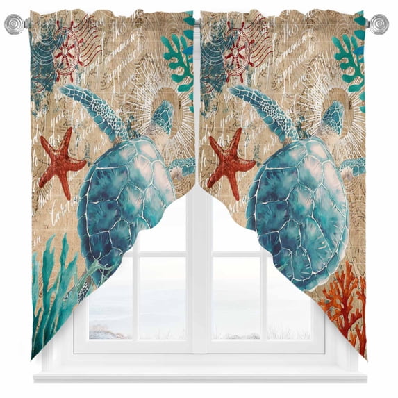 Swag Curtain Valances Sea Turtle Swag Valances for Kitchen Windows Nautical Anchor Coral Vintage Marine Life Short Topper Curtains Valance Tier Pair for Kitchen Bedroom Living Room Bathroom 28"x36"