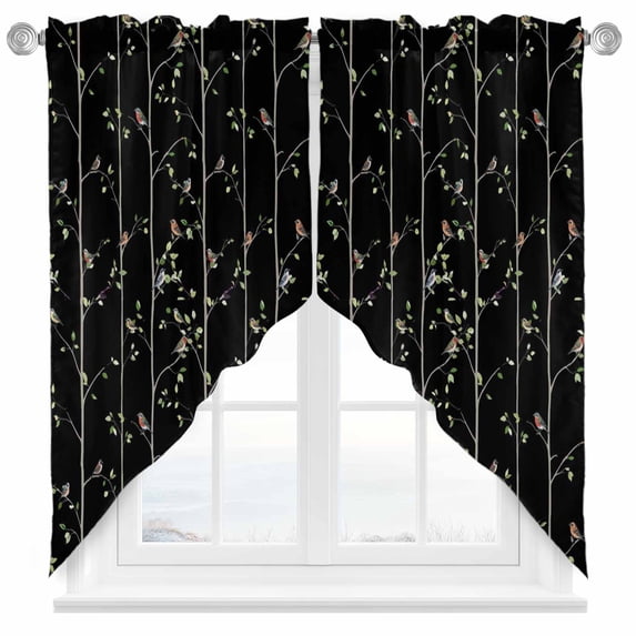 Swag Curtain Valances Sparrows Swag Valances for Kitchen Windows Bird Green Leaves Branches Black Short Topper Curtains Valance Tier Pair for Kitchen Bedroom Living Room Bathroom 28"x36"