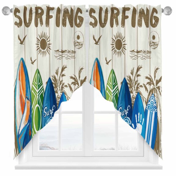 Swag Curtain Valances Summer Surfing Swag Valances for Kitchen Windows Beach Palm Tree Wood Grain Short Topper Curtains Valance Tier Pair for Kitchen Bedroom Living Room Bathroom 28"x36"