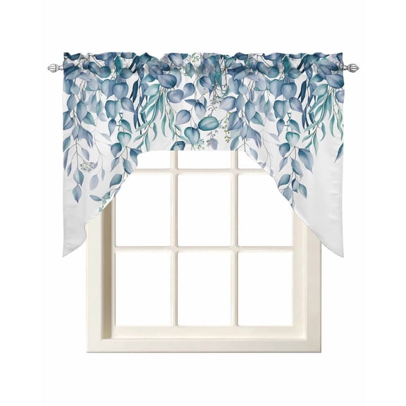 Swag Curtain Valances Teal Blue Eucalyptus Leaves Swag Valances for Kitchen Windows Watercolor Leaf Branch Window Treatment Curtains Drapes for Kitchen Bedroom Living Room Bathroom Over Sink 56"x36"