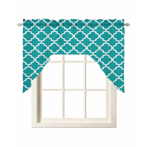 Swag Curtain Valances Teal Morocco Texture Swag Valances for Kitchen Windows Geometric Window Treatment Curtains Drapes for Kitchen Bedroom Living Room Bathroom Over Sink 56"x36"