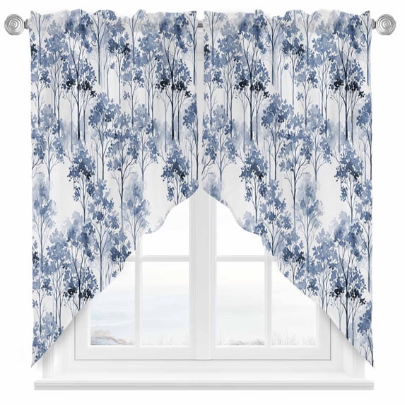 Swag Curtain Valances Watercolor Trees Swag Valances for Kitchen Windows Blue Leaves Forest Short Topper Curtains Valance Tier Pair for Kitchen Bedroom Living Room Bathroom 28"x36"