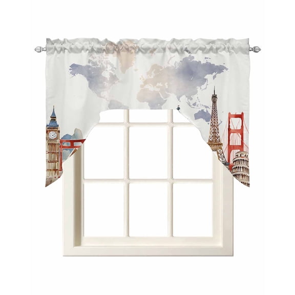 Swag Curtain Valances World Map Swag Valances for Kitchen Windows Famous Building Tourism Landscape Window Treatment Curtains Drapes for Kitchen Bedroom Living Room Bathroom Over Sink 56"x36"