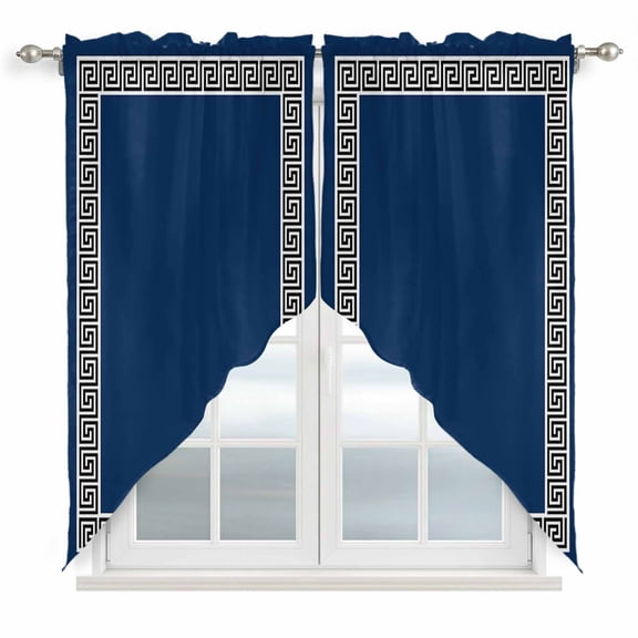 Swag Curtains, Abstract Greek Inspired Key Texture Rod Pocket Window Topper Curtains Valances for Kitchen Bedroom Living Room 2 Panel, Geometric Twist Line on Dark Blue 28x36in