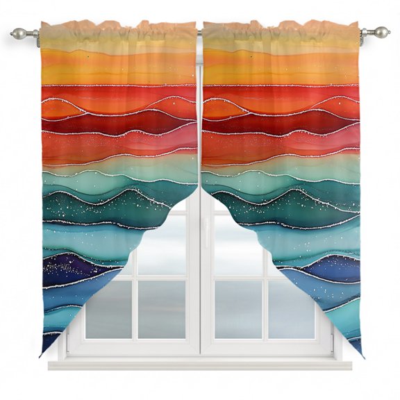 Swag Curtains, Abstract Rainbow Wave Marble Texture Rod Pocket Window Topper Curtains Valances for Kitchen Bedroom Living Room 2 Panel, Colorful Ocean Waves 28x36in