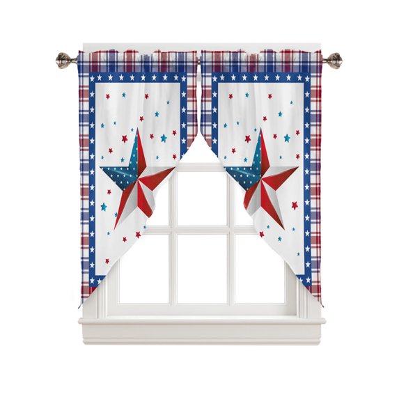 Swag Curtains, America Flag Star Plaid Check Rod Pocket Kitchen Curtains Valances Tier Curtains Swag Valance Curtains for Bedroom Living Room 36" x 45", 2 Panels