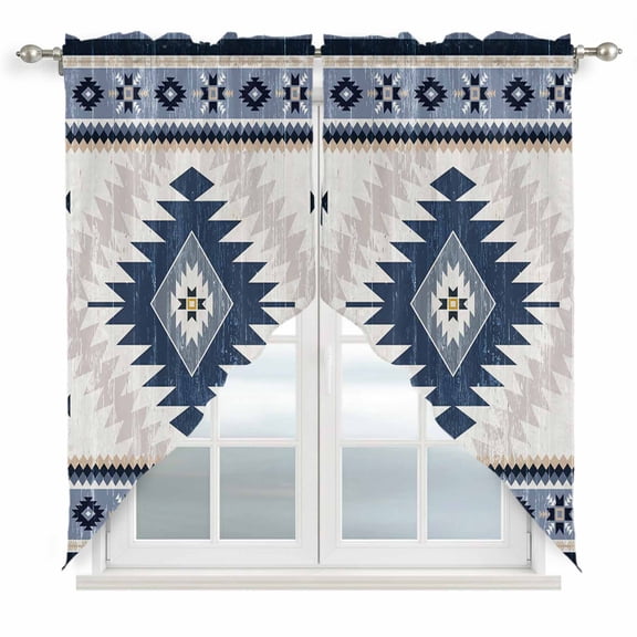 Swag Curtains, Aztec Blue Geometric Abstract Rod Pocket Window Topper Curtains Valances for Kitchen Bedroom Living Room 2 Panel, Retro Ethnic Southwest Style 36x36in