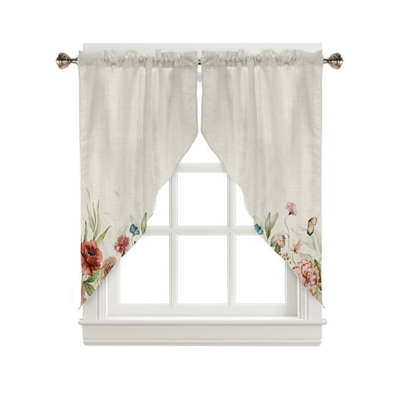 Swag Curtains, Beige Spring Natural Scene Red Pink Flowers Green Leaves Butterfly Rod Pocket Kitchen Curtains Valances Tier Curtains Swag Valance Curtains for Bedroom Living Room 36" x 63", 2 Panels