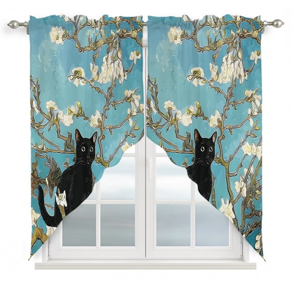 Swag Curtains, Black Cat on Branches Rod Pocket Window Topper Curtains Valances for Kitchen Bedroom Living Room 2 Panel, Oil Style Cute Kitty 28x36in
