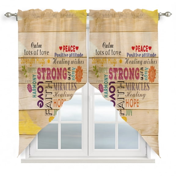 Swag Curtains, Colorful Inspiration Quotes Love Heart Design Rod Pocket Window Topper Curtains Valances for Kitchen Bedroom Living Room 2 Panel, Wood Plank 28x36in