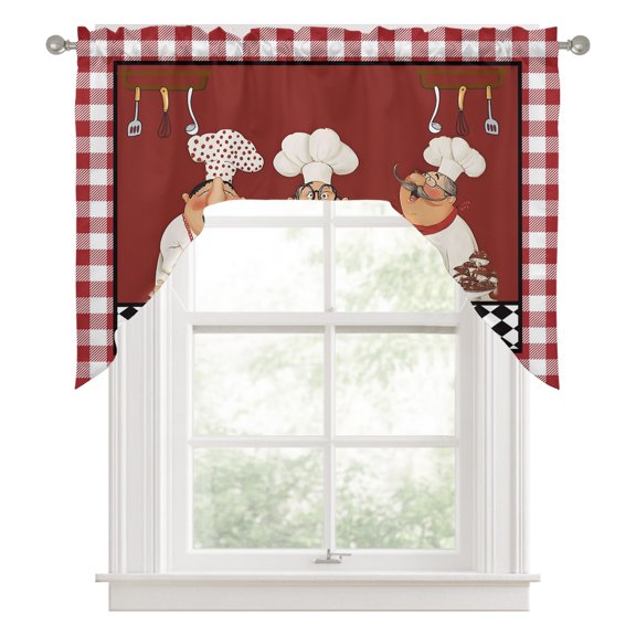 Swag Curtains, Fat Chefs Light Filtering Kitchen Swag Valances for Windows, Kitchen Cooking Food Red Buffalo Plaid Rod Pocket Drapes Small Window Treatment for Bathroom Bedroom Over Sink 56"Wx36"L