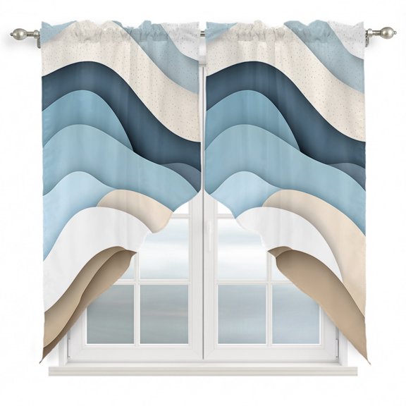 Swag Curtains, Gradient Abstract Blue Brown Ocean Waves Rod Pocket Window Topper Curtains Valances for Kitchen Bedroom Living Room 2 Panel, Seaside Sand 28x36in