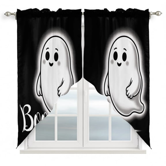 Swag Curtains, Halloween Cute Ghost Boo Rod Pocket Window Topper Curtains Valances for Kitchen Bedroom Living Room 2 Panel, Black and White 36x36in