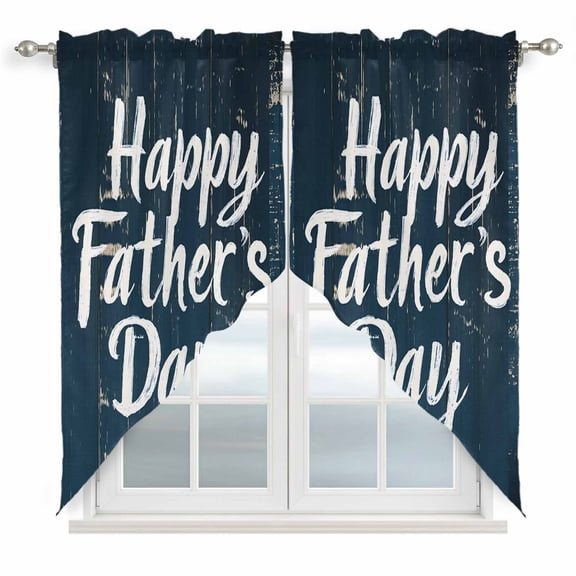 Swag Curtains, Happy Father's Day Quote Wood Rod Pocket Window Topper Curtains Valances for Kitchen Bedroom Living Room 2 Panel, Retro Navy Blue Wooden Plank 28x36in