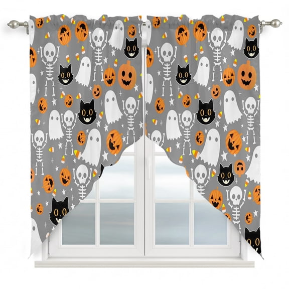 Swag Curtains, Happy Halloween Pumpkin Ghost Black Cat Rod Pocket Window Topper Curtains Valances for Kitchen Bedroom Living Room 2 Panel, Cartoon Style 28x36in