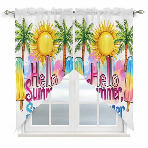 Swag Curtains, Hello Summer Text Sun Palm Tree Rod Pocket Window Topper Curtains Valances for Kitchen Bedroom Living Room 2 Panel, Colorful Ocean Seaside Theme 28x36in