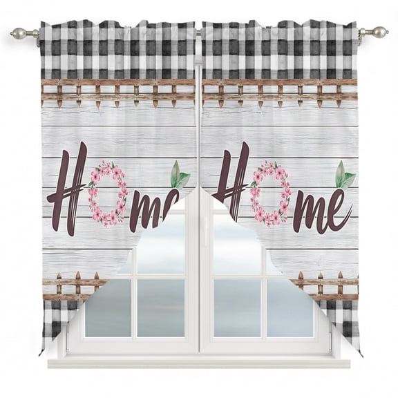Swag Curtains, Home Quote Spring Garland Rod Pocket Window Topper Curtains Valances for Kitchen Bedroom Living Room 2 Panel, Retro Wooden Plank Black Palid 28x36in