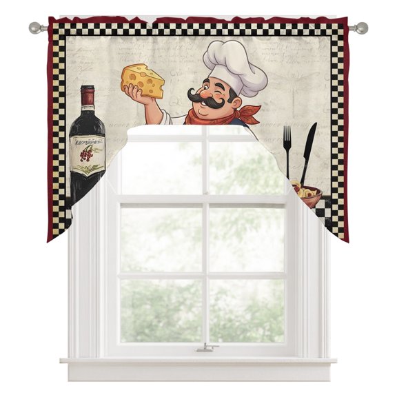 Swag Curtains, Kitchen Chef Light Filtering Kitchen Swag Valances for Windows, Vintage Cheese Wine Coking Black Checked Rod Pocket Drapes Small Window Treatment for Bathroom Bedroom 56"Wx36"L