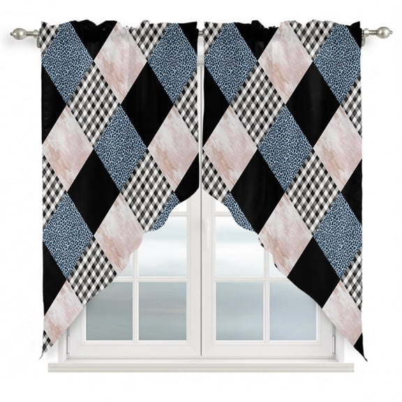 Swag Curtains, Leopard Patchwork Quilt Buffalo Plaid Rod Pocket Window Topper Curtains Valances for Kitchen Bedroom Living Room 2 Panel, Geometric Squares 28x36in